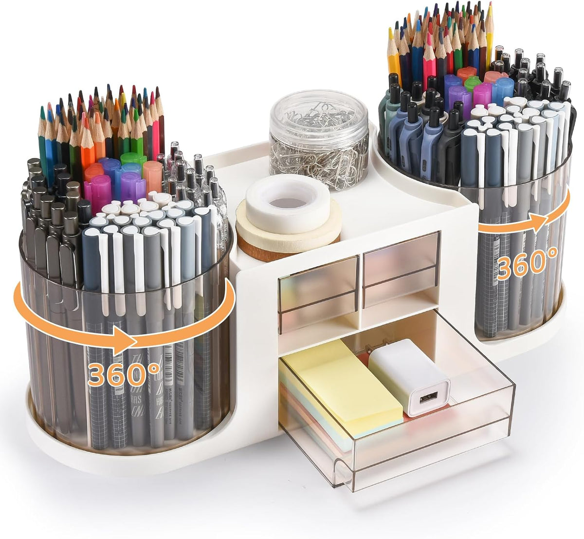 Rotating Desk Organizer with 2 Pen Holder, Desk Organizers and Accessories with 10 Slots Pencil Holder for Desk + 3 Drawer, Art Supply Storage Box Caddy for Office School Home (White)