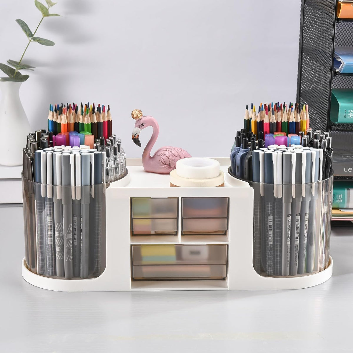Rotating Desk Organizer with 2 Pen Holder, Desk Organizers and Accessories with 10 Slots Pencil Holder for Desk + 3 Drawer, Art Supply Storage Box Caddy for Office School Home (White)