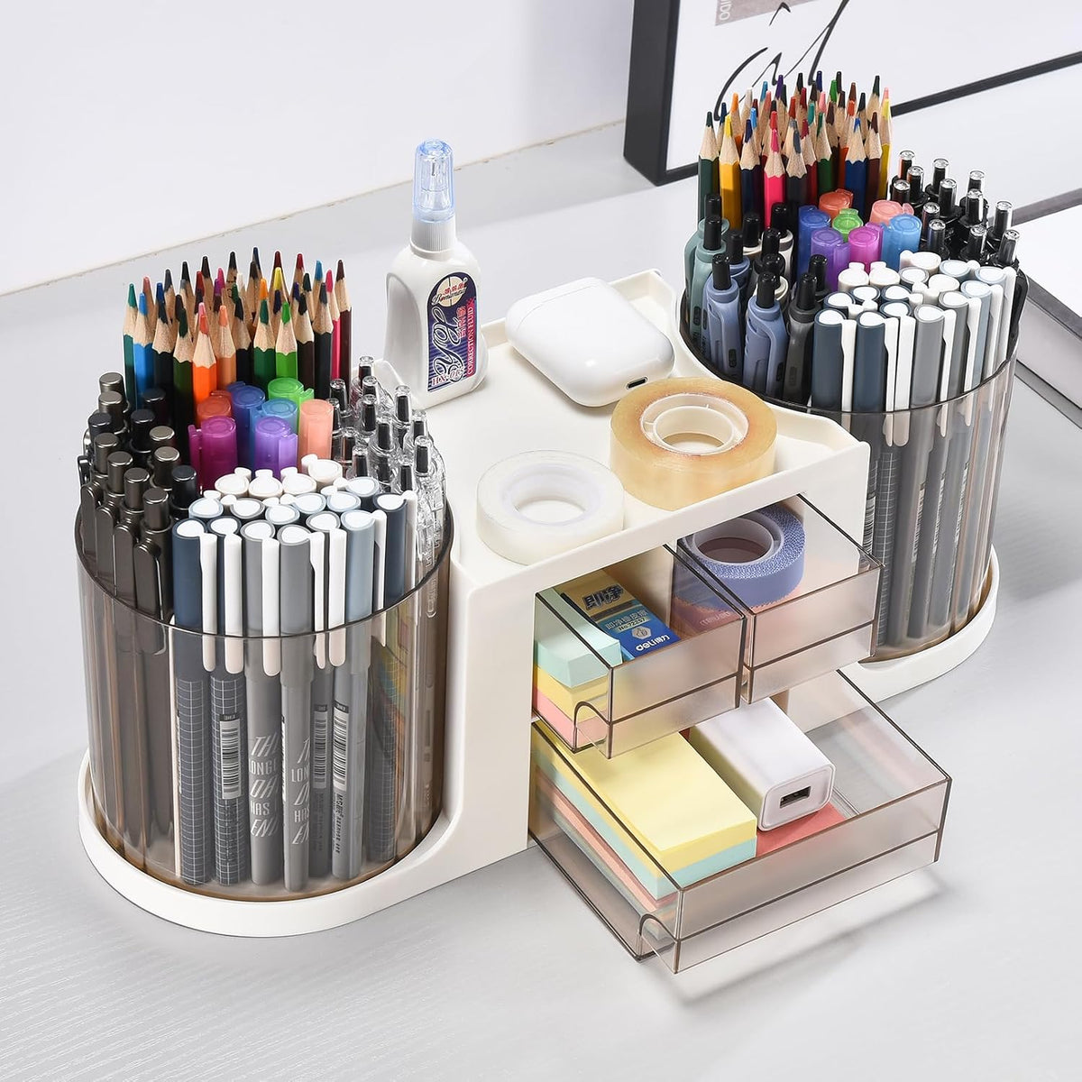 Rotating Desk Organizer with 2 Pen Holder, Desk Organizers and Accessories with 10 Slots Pencil Holder for Desk + 3 Drawer, Art Supply Storage Box Caddy for Office School Home (White)