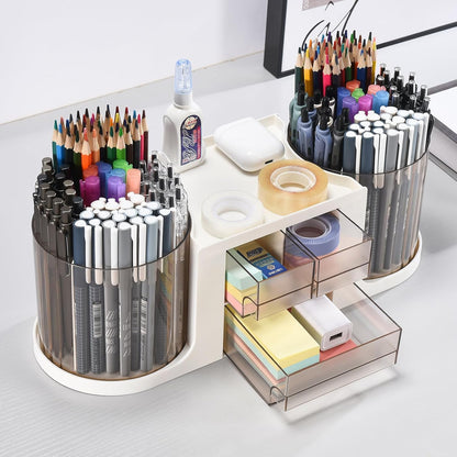 Rotating Desk Organizer with 2 Pen Holder, Desk Organizers and Accessories with 10 Slots Pencil Holder for Desk + 3 Drawer, Art Supply Storage Box Caddy for Office School Home (White)