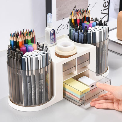 Rotating Desk Organizer with 2 Pen Holder, Desk Organizers and Accessories with 10 Slots Pencil Holder for Desk + 3 Drawer, Art Supply Storage Box Caddy for Office School Home (White)