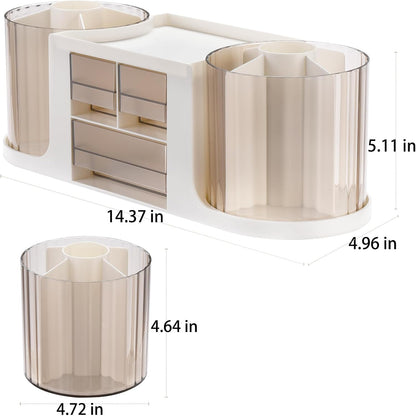 Rotating Desk Organizer with 2 Pen Holder, Desk Organizers and Accessories with 10 Slots Pencil Holder for Desk + 3 Drawer, Art Supply Storage Box Caddy for Office School Home (White)
