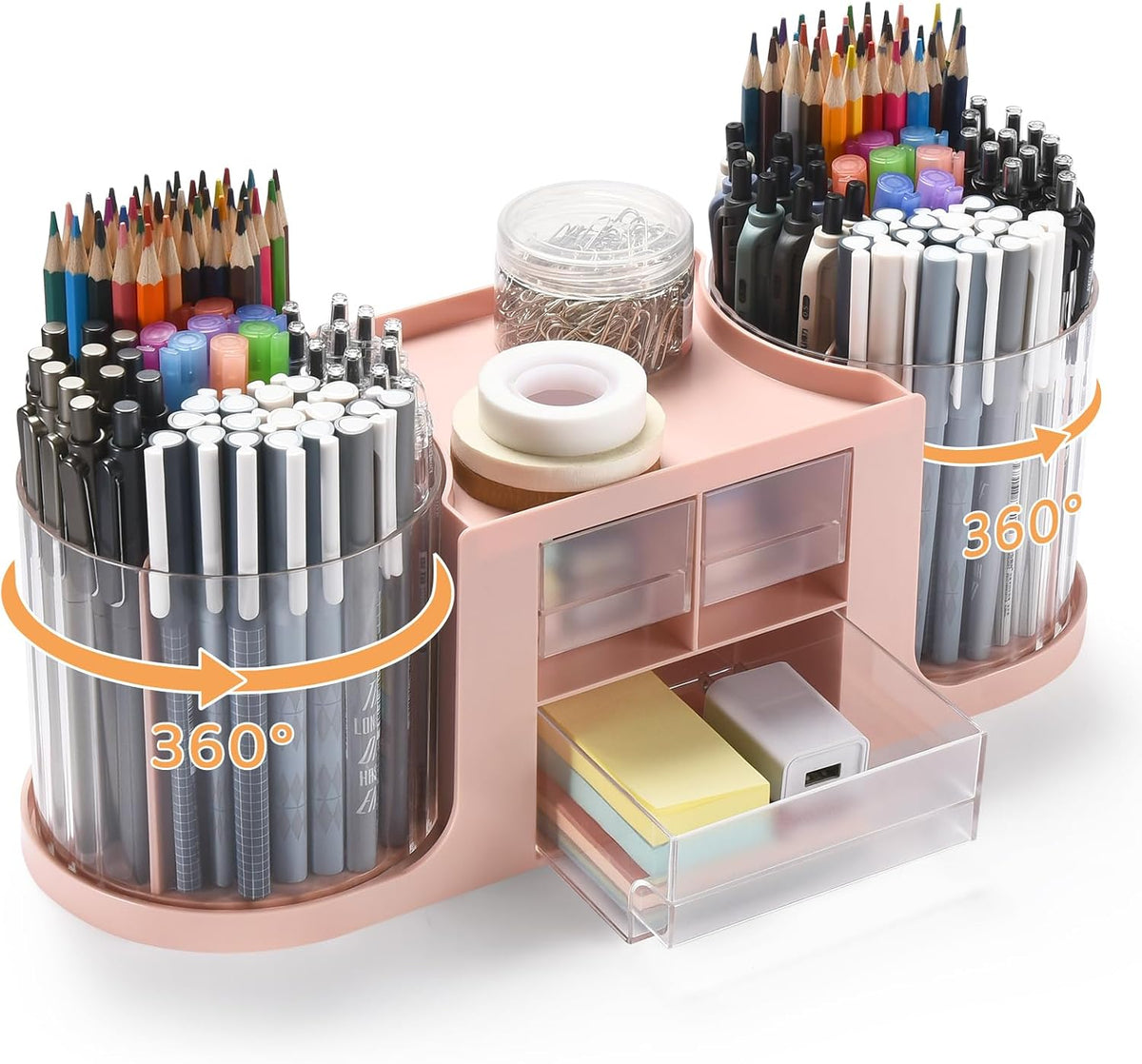 Rotating Desk Organizer with 2 Pen Holder, Desk Organizers and Accessories with 10 Slots Pencil Holder for Desk + 3 Drawer, Art Supply Storage Box Caddy for Office School Home (White)