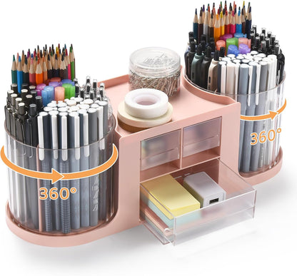 Rotating Desk Organizer with 2 Pen Holder, Desk Organizers and Accessories with 10 Slots Pencil Holder for Desk + 3 Drawer, Art Supply Storage Box Caddy for Office School Home (White)