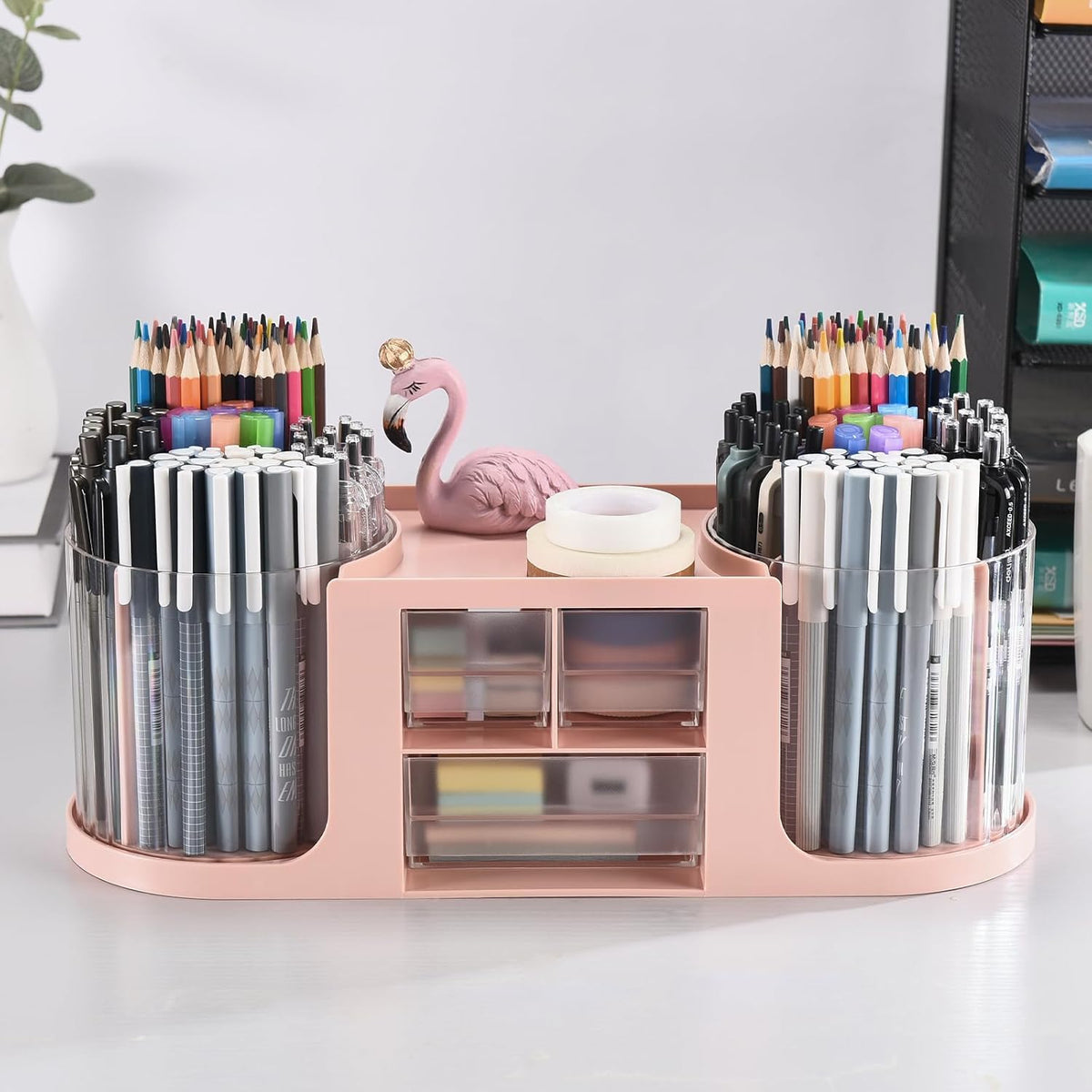 Rotating Desk Organizer with 2 Pen Holder, Desk Organizers and Accessories with 10 Slots Pencil Holder for Desk + 3 Drawer, Art Supply Storage Box Caddy for Office School Home (White)
