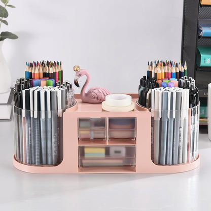 Rotating Desk Organizer with 2 Pen Holder, Desk Organizers and Accessories with 10 Slots Pencil Holder for Desk + 3 Drawer, Art Supply Storage Box Caddy for Office School Home (White)
