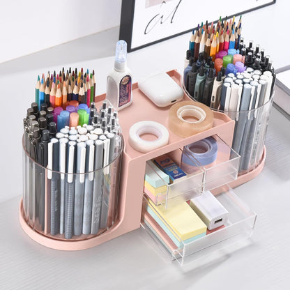 Rotating Desk Organizer with 2 Pen Holder, Desk Organizers and Accessories with 10 Slots Pencil Holder for Desk + 3 Drawer, Art Supply Storage Box Caddy for Office School Home (White)