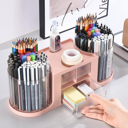 Rotating Desk Organizer with 2 Pen Holder, Desk Organizers and Accessories with 10 Slots Pencil Holder for Desk + 3 Drawer, Art Supply Storage Box Caddy for Office School Home (White)