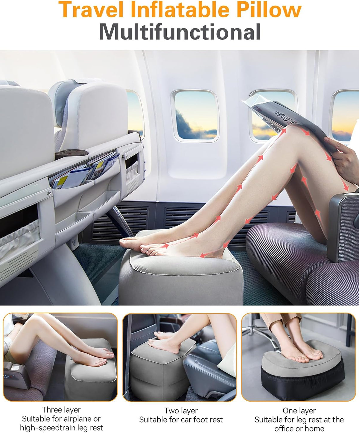 Inflatable Foot Rest Pillow for Travel, Kids/Adults Airplane Travel Pillow-Adjustable Height for Kids to Sleep While Traveling,Suitable for Airplane, Office, Home, Cars and Any Travel