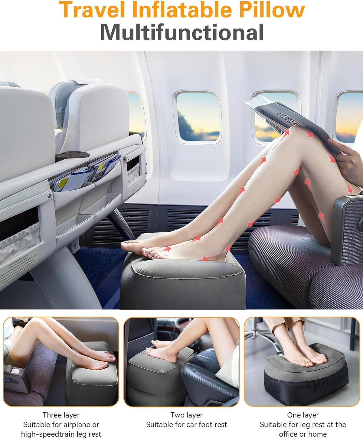 Inflatable Foot Rest Pillow for Travel, Kids/Adults Airplane Travel Pillow-Adjustable Height for Kids to Sleep While Traveling,Suitable for Airplane, Office, Home, Cars and Any Travel
