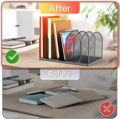 5-Section Vertical Desktop Organizer, 5-Section Mesh File Folder Stand Sorter for Office Home Classroom Organization