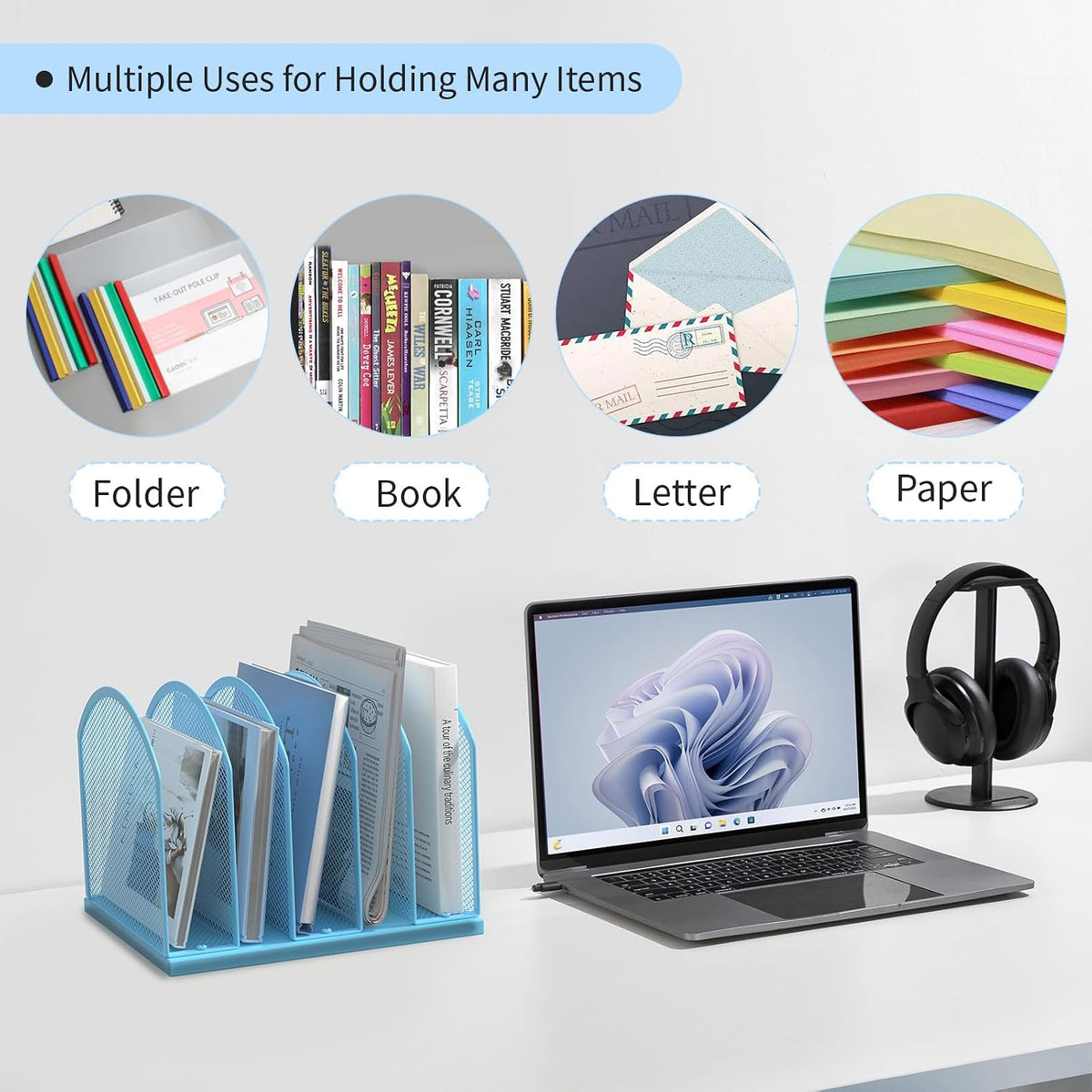 5-Section Vertical Desktop Organizer, 5-Section Mesh File Folder Stand Sorter for Office Home Classroom Organization