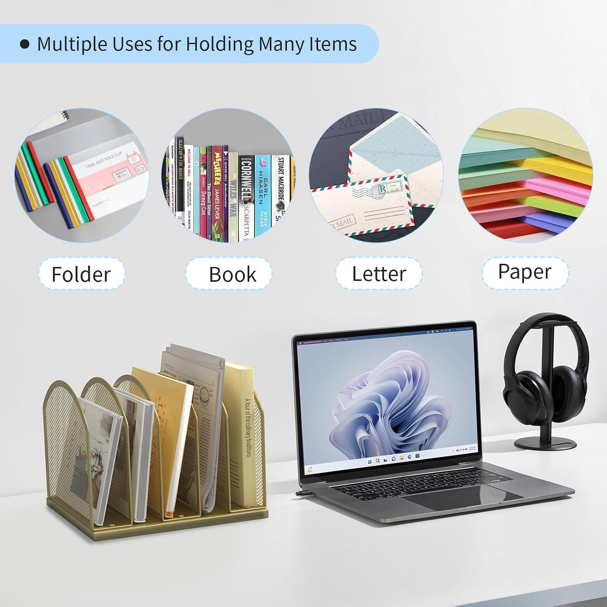 5-Section Vertical Desktop Organizer, 5-Section Mesh File Folder Stand Sorter for Office Home Classroom Organization