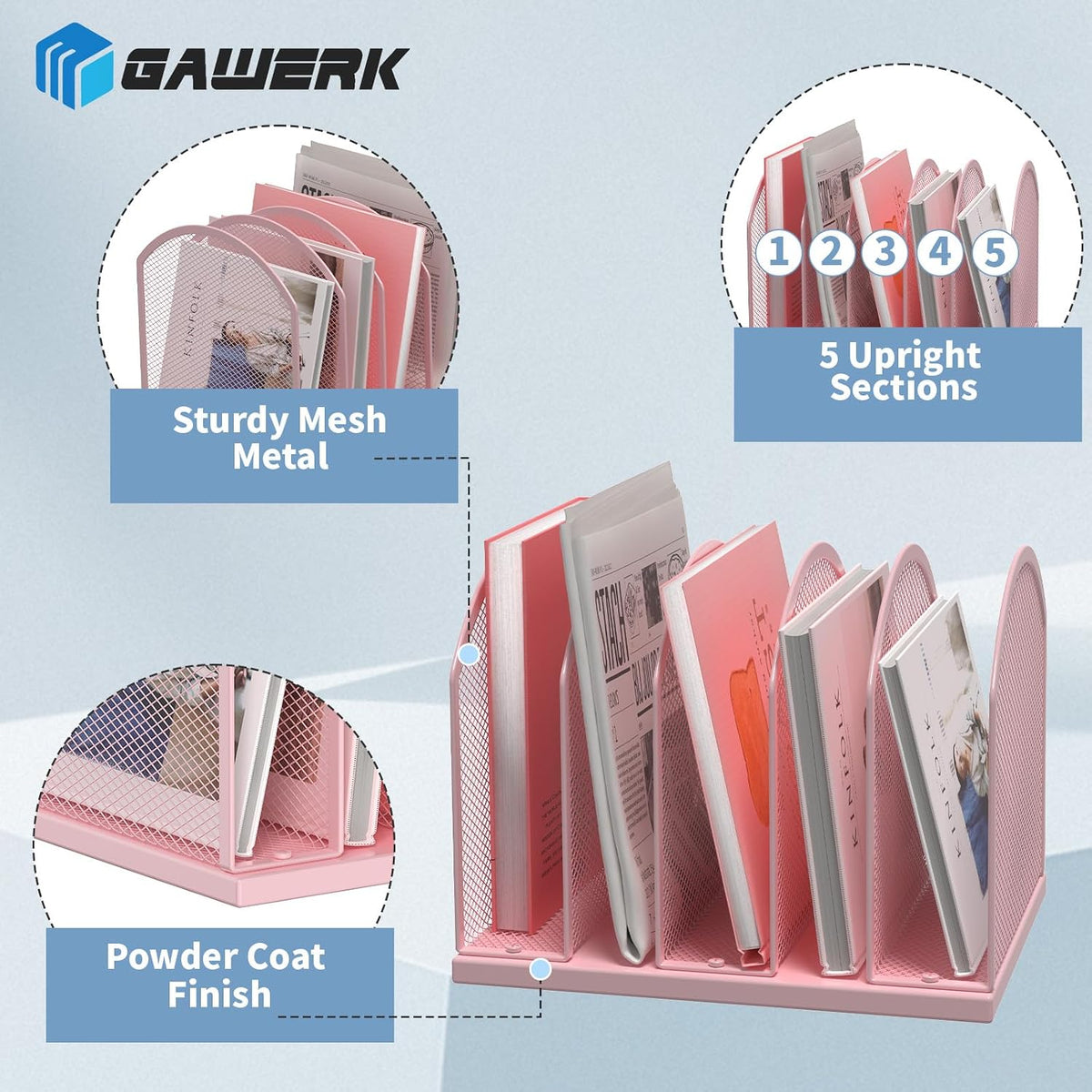 5-Section Vertical Desktop Organizer, 5-Section Mesh File Folder Stand Sorter for Office Home Classroom Organization