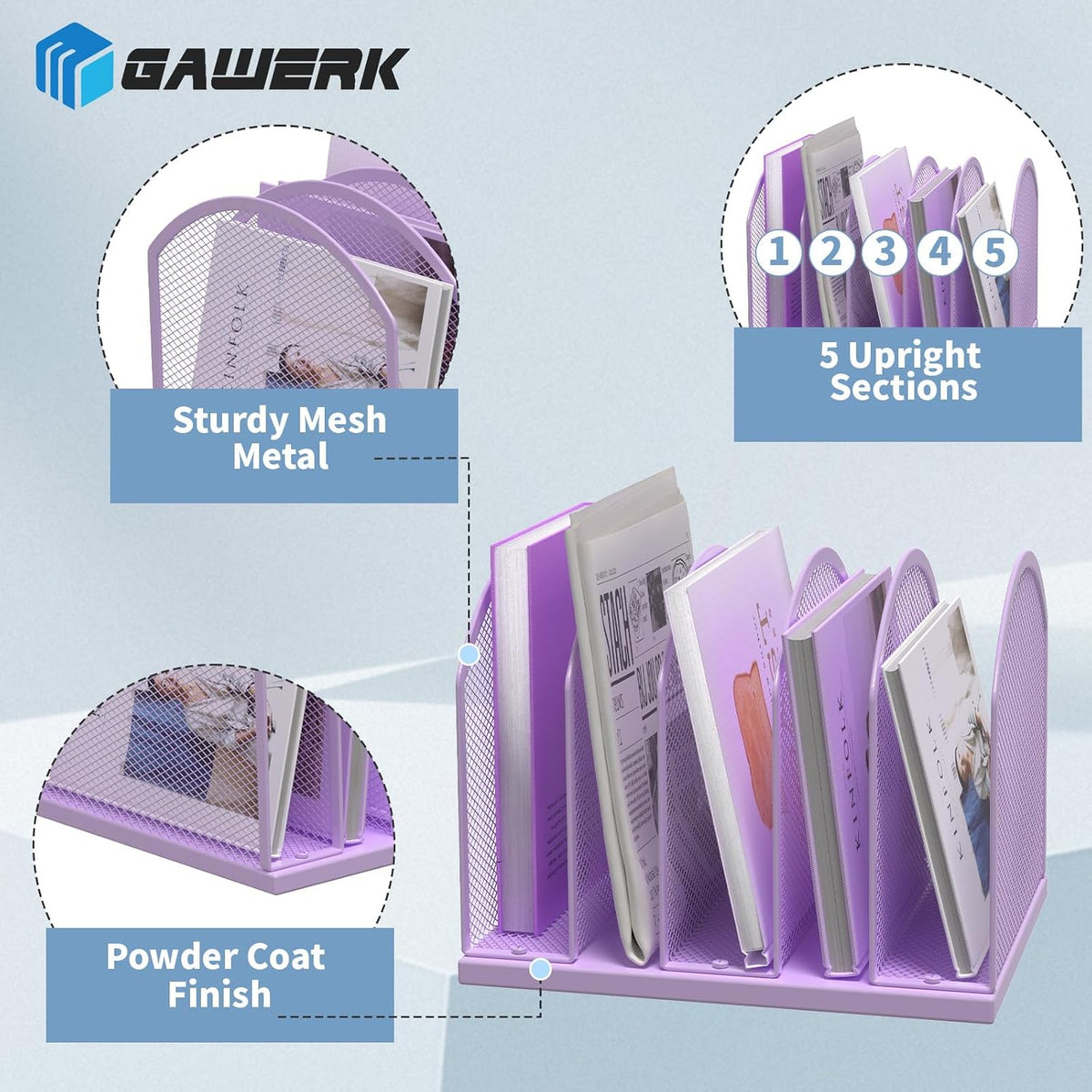 5-Section Vertical Desktop Organizer, 5-Section Mesh File Folder Stand Sorter for Office Home Classroom Organization