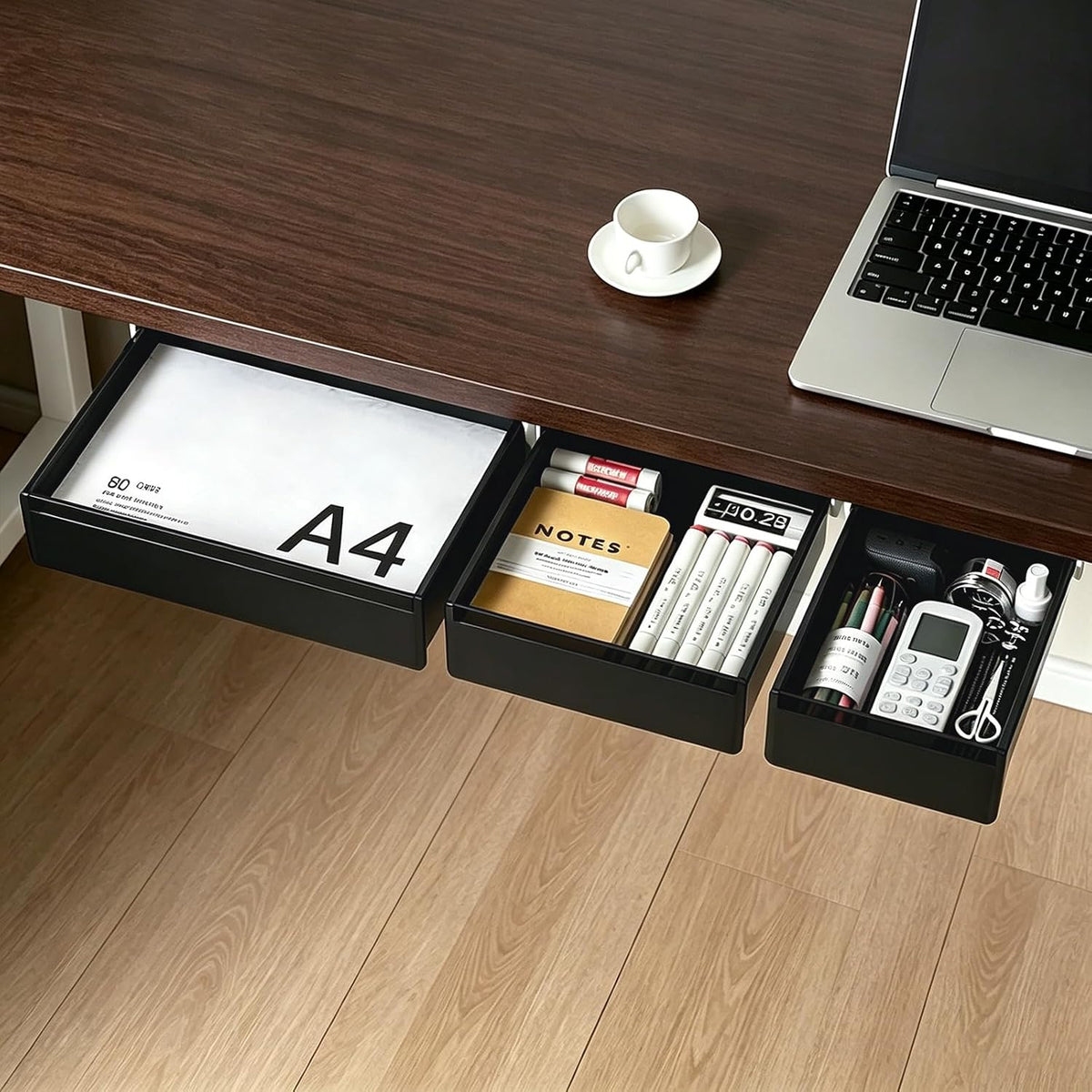 Under Desk Storage Drawer Organizer,3 Pack Self-Adhesive Slide Out Desk Drawers Under Table for Shelf,Office Supplies,Home,Large & Medium & Small,Black
