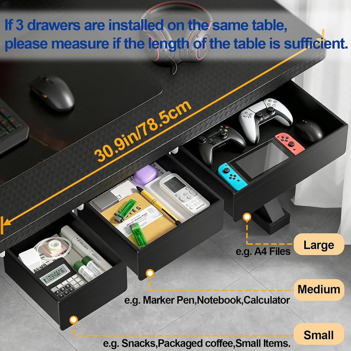 Under Desk Storage Drawer Organizer,3 Pack Self-Adhesive Slide Out Desk Drawers Under Table for Shelf,Office Supplies,Home,Large & Medium & Small,Black