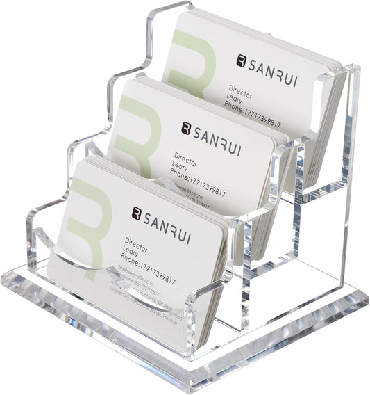 YUXUN Business Card Holder Display for Desk, Clear Acrylic Cards Organizer 3 Tier 3 Slots, Business Card Stand for Women Men, Multiple Business Card Display for Exhibition, Home, Office