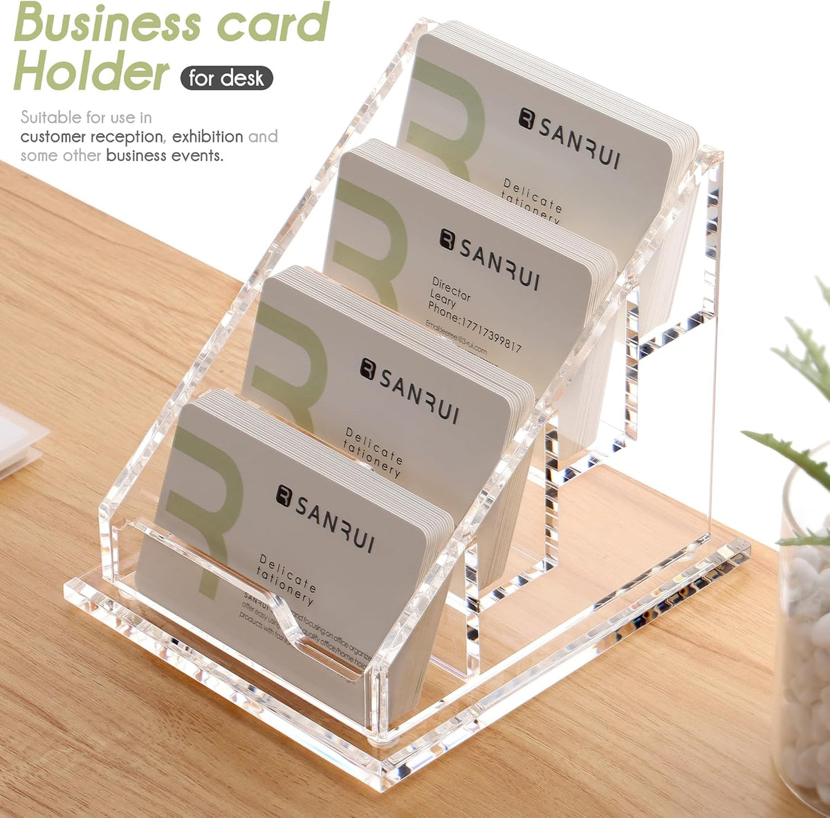 YUXUN Business Card Holder Display for Desk, Clear Acrylic Cards Organizer 3 Tier 3 Slots, Business Card Stand for Women Men, Multiple Business Card Display for Exhibition, Home, Office