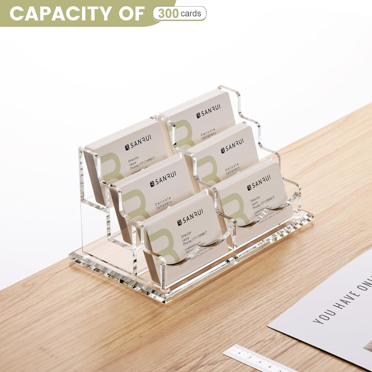 YUXUN Business Card Holder Display for Desk, Clear Acrylic Cards Organizer 3 Tier 3 Slots, Business Card Stand for Women Men, Multiple Business Card Display for Exhibition, Home, Office