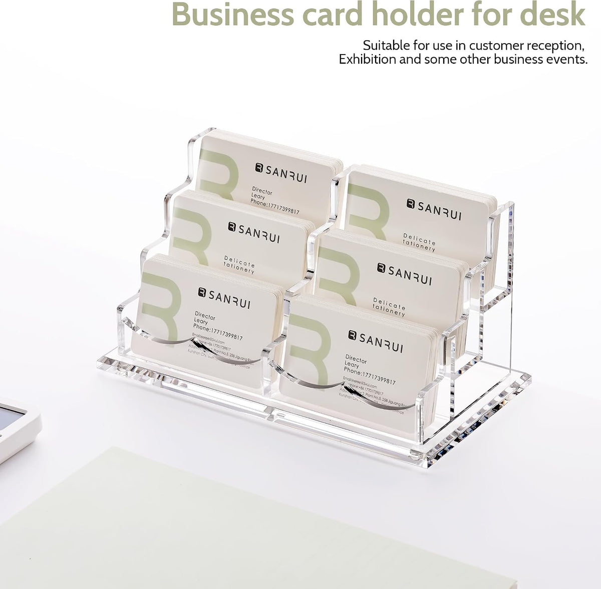 YUXUN Business Card Holder Display for Desk, Clear Acrylic Cards Organizer 3 Tier 3 Slots, Business Card Stand for Women Men, Multiple Business Card Display for Exhibition, Home, Office