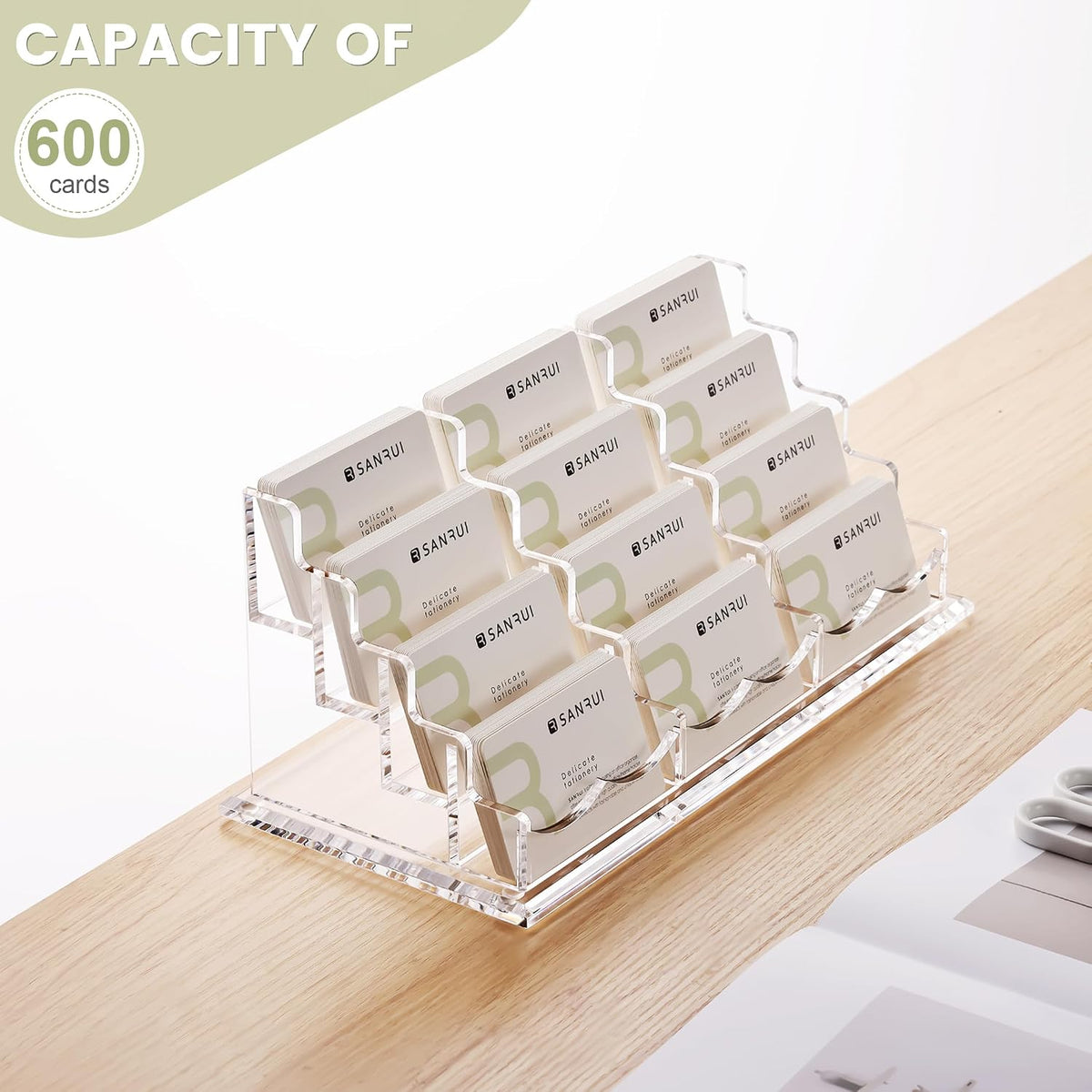 YUXUN Business Card Holder Display for Desk, Clear Acrylic Cards Organizer 3 Tier 3 Slots, Business Card Stand for Women Men, Multiple Business Card Display for Exhibition, Home, Office
