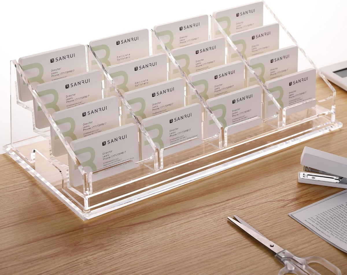 YUXUN Business Card Holder Display for Desk, Clear Acrylic Cards Organizer 3 Tier 3 Slots, Business Card Stand for Women Men, Multiple Business Card Display for Exhibition, Home, Office