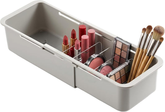 Drawer Organizer- Adjustable Storage Bins with 5 Dividers, Gray Clear Drawer Organizer for Kitchen, Bedroom, and Office, Expandable clear organizer bins for Makeup, Utensils, and Gadgets