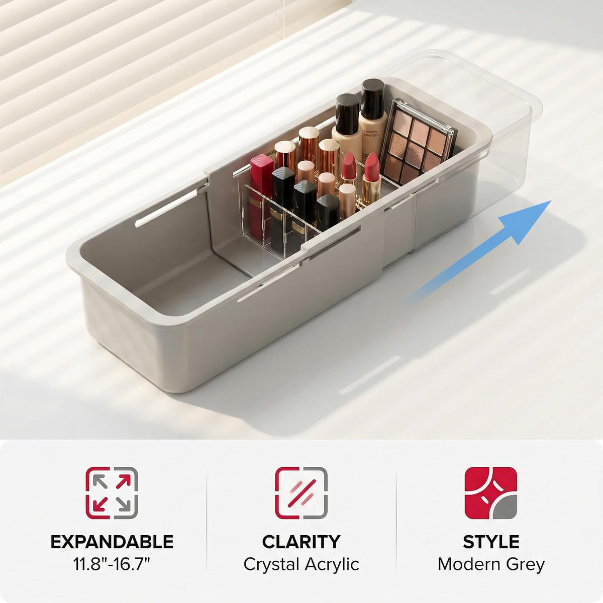 Drawer Organizer- Adjustable Storage Bins with 5 Dividers, Gray Clear Drawer Organizer for Kitchen, Bedroom, and Office, Expandable clear organizer bins for Makeup, Utensils, and Gadgets