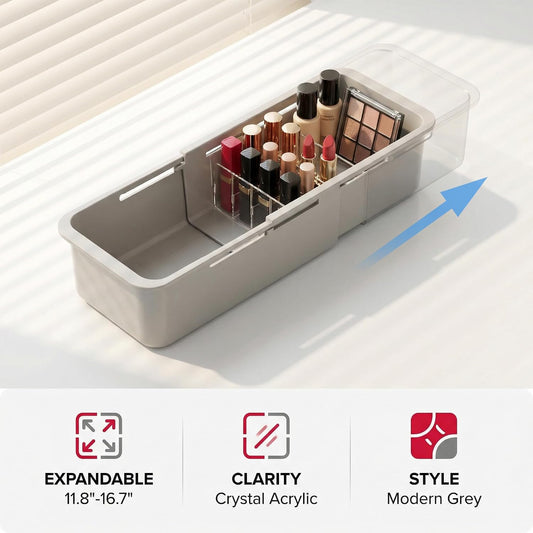 Drawer Organizer- Adjustable Storage Bins with 5 Dividers, Gray Clear Drawer Organizer for Kitchen, Bedroom, and Office, Expandable clear organizer bins for Makeup, Utensils, and Gadgets