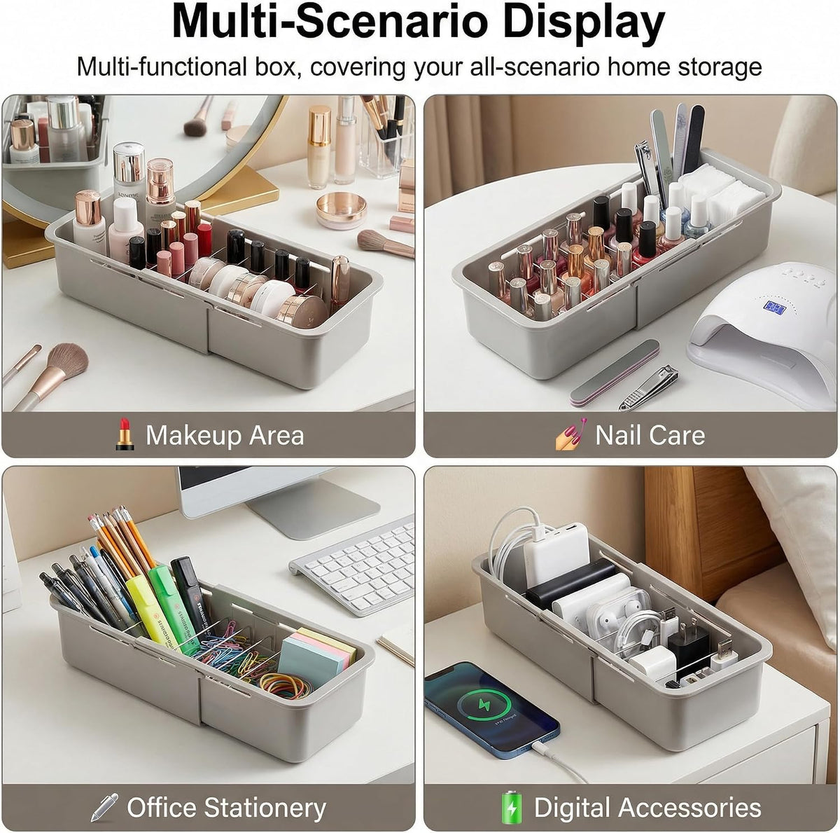 Drawer Organizer- Adjustable Storage Bins with 5 Dividers, Gray Clear Drawer Organizer for Kitchen, Bedroom, and Office, Expandable clear organizer bins for Makeup, Utensils, and Gadgets
