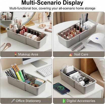 Drawer Organizer- Adjustable Storage Bins with 5 Dividers, Gray Clear Drawer Organizer for Kitchen, Bedroom, and Office, Expandable clear organizer bins for Makeup, Utensils, and Gadgets