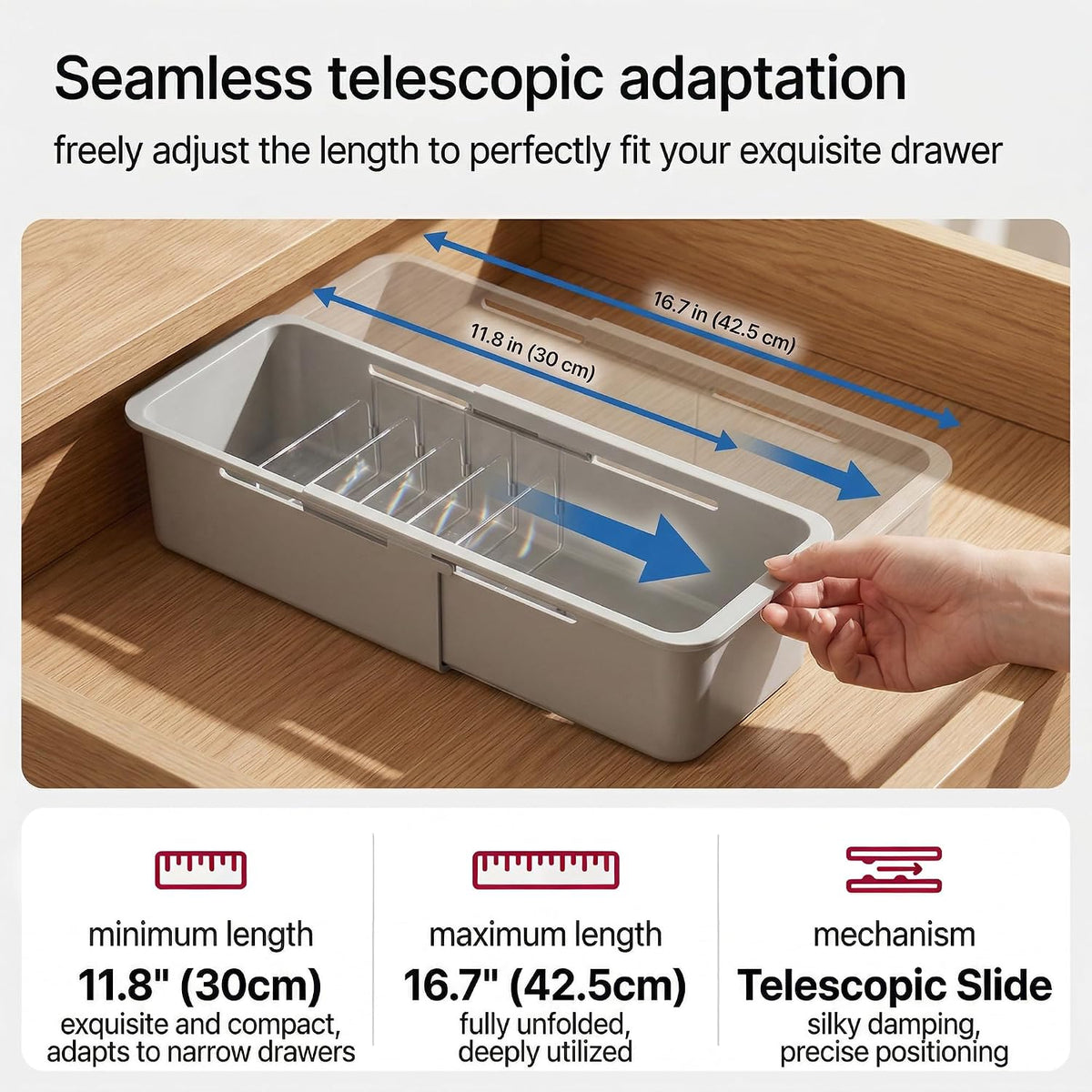 Drawer Organizer- Adjustable Storage Bins with 5 Dividers, Gray Clear Drawer Organizer for Kitchen, Bedroom, and Office, Expandable clear organizer bins for Makeup, Utensils, and Gadgets