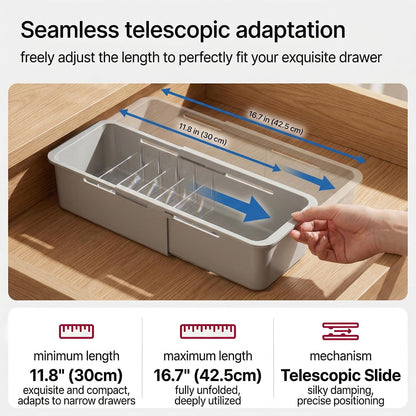Drawer Organizer- Adjustable Storage Bins with 5 Dividers, Gray Clear Drawer Organizer for Kitchen, Bedroom, and Office, Expandable clear organizer bins for Makeup, Utensils, and Gadgets