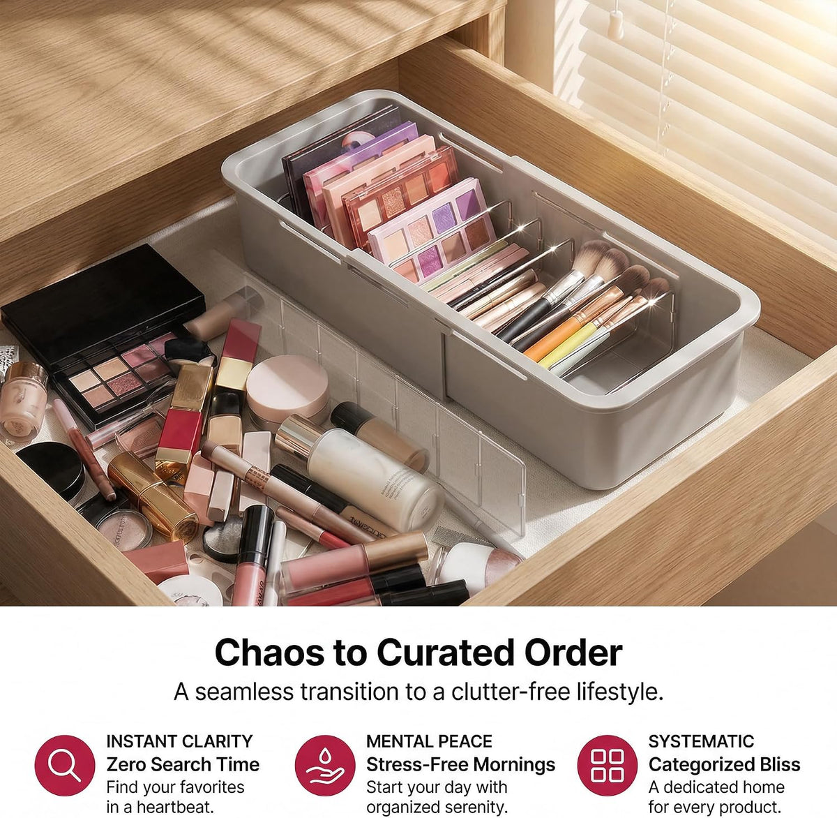 Drawer Organizer- Adjustable Storage Bins with 5 Dividers, Gray Clear Drawer Organizer for Kitchen, Bedroom, and Office, Expandable clear organizer bins for Makeup, Utensils, and Gadgets
