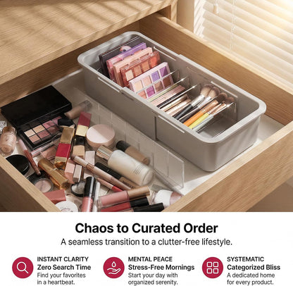 Drawer Organizer- Adjustable Storage Bins with 5 Dividers, Gray Clear Drawer Organizer for Kitchen, Bedroom, and Office, Expandable clear organizer bins for Makeup, Utensils, and Gadgets