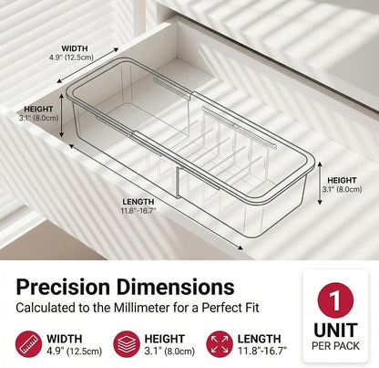 Drawer Organizer- Adjustable Storage Bins with 5 Dividers, Gray Clear Drawer Organizer for Kitchen, Bedroom, and Office, Expandable clear organizer bins for Makeup, Utensils, and Gadgets