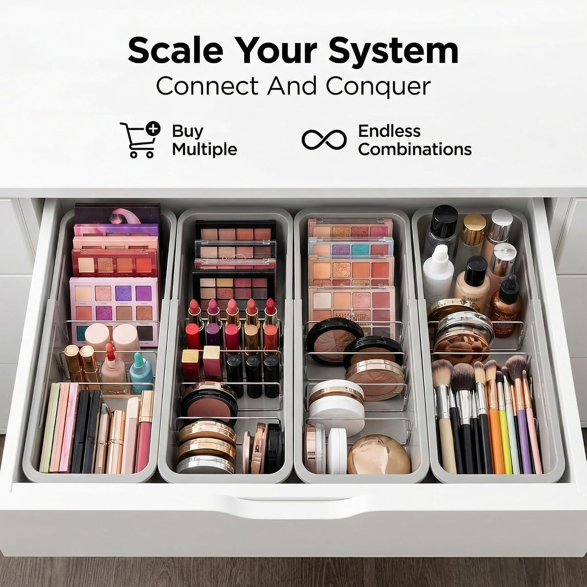 Drawer Organizer- Adjustable Storage Bins with 5 Dividers, Gray Clear Drawer Organizer for Kitchen, Bedroom, and Office, Expandable clear organizer bins for Makeup, Utensils, and Gadgets