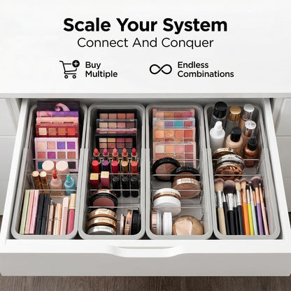Drawer Organizer- Adjustable Storage Bins with 5 Dividers, Gray Clear Drawer Organizer for Kitchen, Bedroom, and Office, Expandable clear organizer bins for Makeup, Utensils, and Gadgets