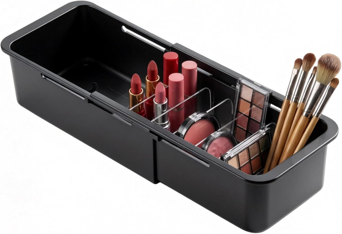 Drawer Organizer- Adjustable Storage Bins with 5 Dividers, Gray Clear Drawer Organizer for Kitchen, Bedroom, and Office, Expandable clear organizer bins for Makeup, Utensils, and Gadgets