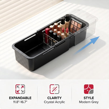 Drawer Organizer- Adjustable Storage Bins with 5 Dividers, Gray Clear Drawer Organizer for Kitchen, Bedroom, and Office, Expandable clear organizer bins for Makeup, Utensils, and Gadgets