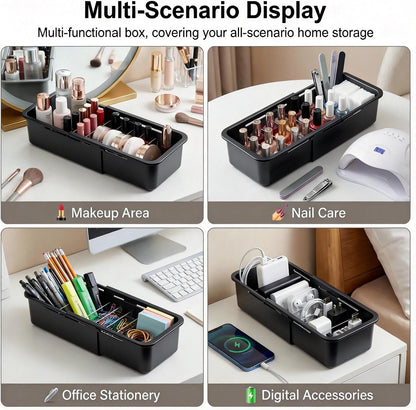 Drawer Organizer- Adjustable Storage Bins with 5 Dividers, Gray Clear Drawer Organizer for Kitchen, Bedroom, and Office, Expandable clear organizer bins for Makeup, Utensils, and Gadgets