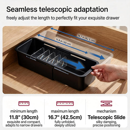 Drawer Organizer- Adjustable Storage Bins with 5 Dividers, Gray Clear Drawer Organizer for Kitchen, Bedroom, and Office, Expandable clear organizer bins for Makeup, Utensils, and Gadgets