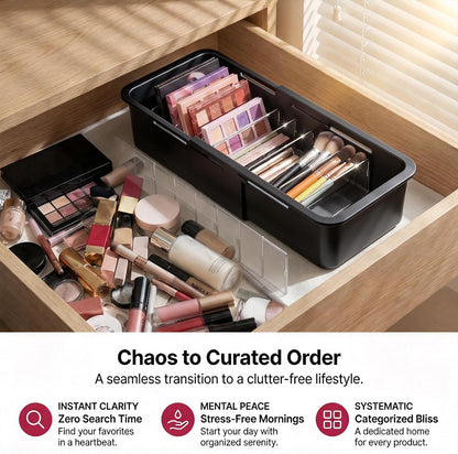 Drawer Organizer- Adjustable Storage Bins with 5 Dividers, Gray Clear Drawer Organizer for Kitchen, Bedroom, and Office, Expandable clear organizer bins for Makeup, Utensils, and Gadgets