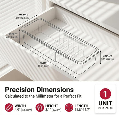 Drawer Organizer- Adjustable Storage Bins with 5 Dividers, Gray Clear Drawer Organizer for Kitchen, Bedroom, and Office, Expandable clear organizer bins for Makeup, Utensils, and Gadgets