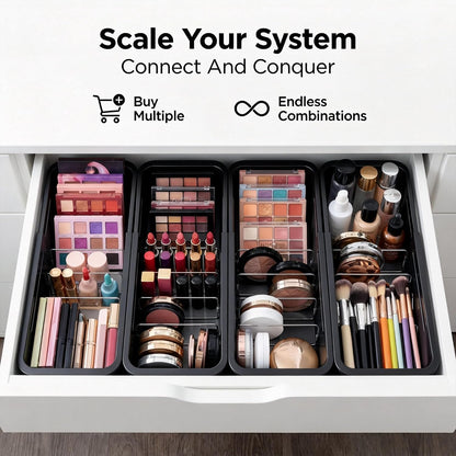 Drawer Organizer- Adjustable Storage Bins with 5 Dividers, Gray Clear Drawer Organizer for Kitchen, Bedroom, and Office, Expandable clear organizer bins for Makeup, Utensils, and Gadgets