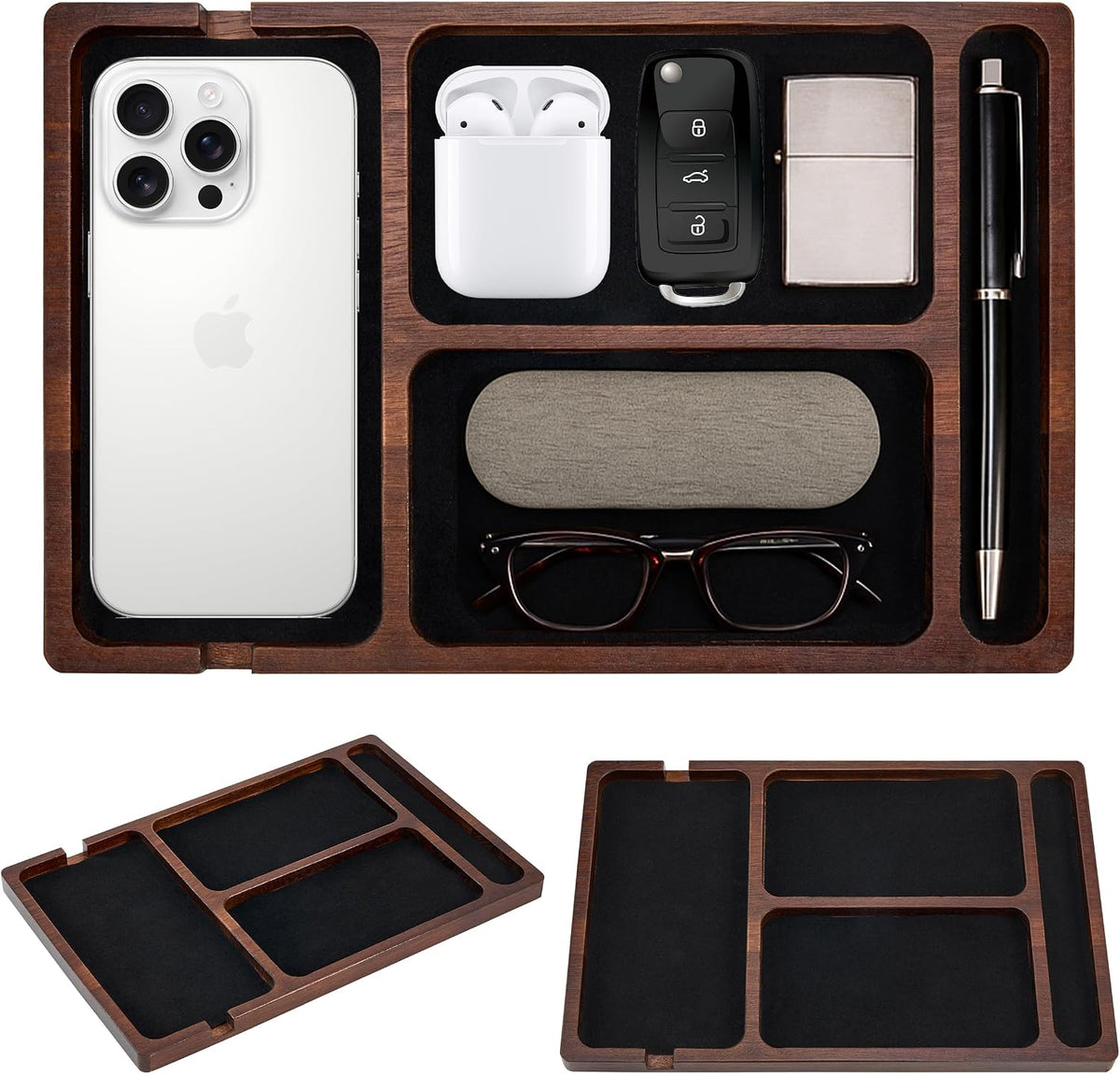 Valet Tray, Acacia Wood & Leather Surface with Charging Port