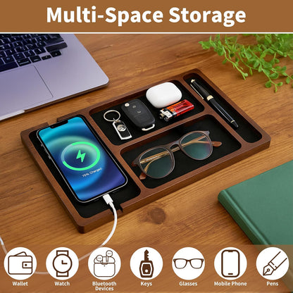 Valet Tray, Acacia Wood & Leather Surface with Charging Port