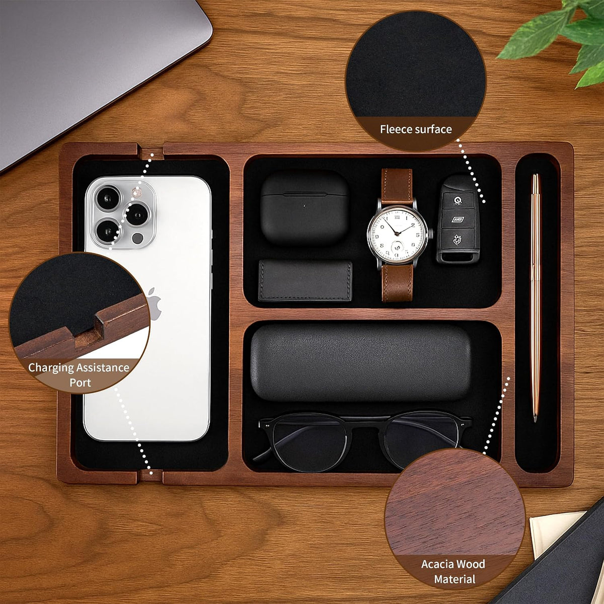 Valet Tray, Acacia Wood & Leather Surface with Charging Port