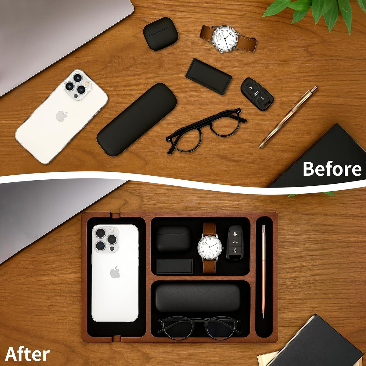 Valet Tray, Acacia Wood & Leather Surface with Charging Port